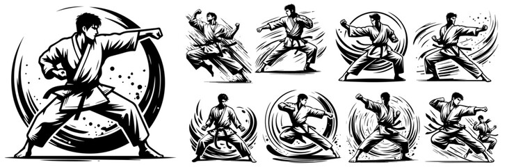 karate warrior in kimono, dynamic body positions