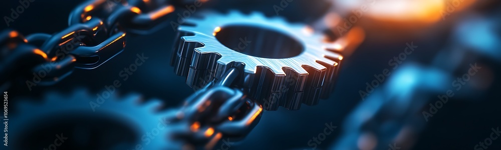 Poster a close-up of interlocking gears and chains, highlighting intricate details, mechanical design, and 