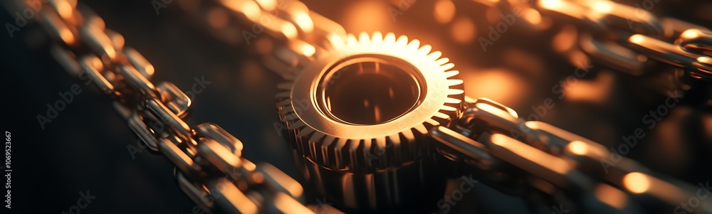 Poster a close-up of a gear surrounded by chains, illuminated by warm light, showcasing intricate details i