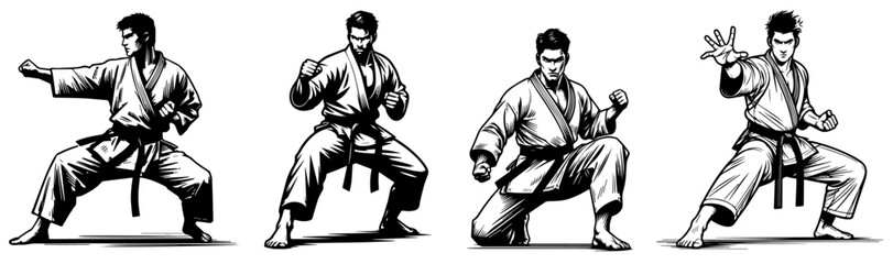karate fighters demonstrating powerful kicking techniques in line art black vector © Kaz