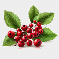 Realistic Holly Berries with Green Leaves on White Background