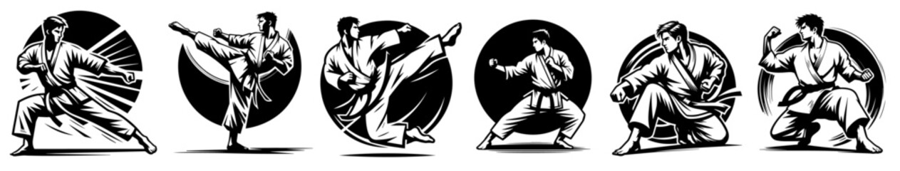 karate fighters demonstrating powerful kicking techniques in line art black vector © Kaz