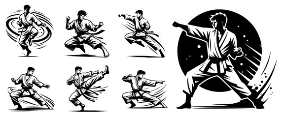 karate fighters demonstrating powerful kicking techniques in line art black vector © Kaz