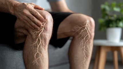 Depiction of nerve pain and fatigue: a person with exhausted legs, showing physical strain of nerve pain, focusing on discomfort and heaviness that comes with persistent aching in the lower body.