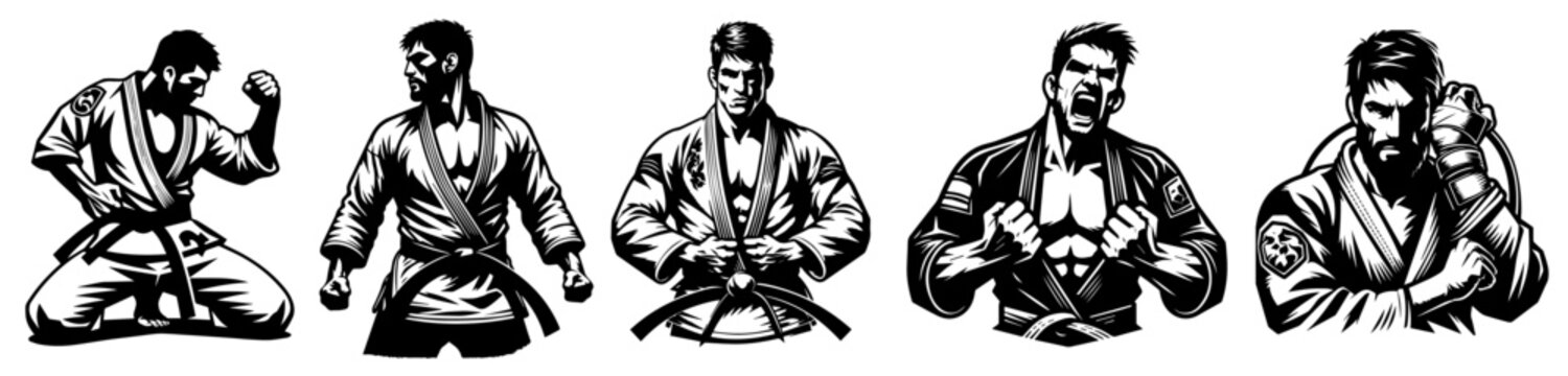 fighter athlete brazilian jiu jitsu bjj in gi in different poses black vector 