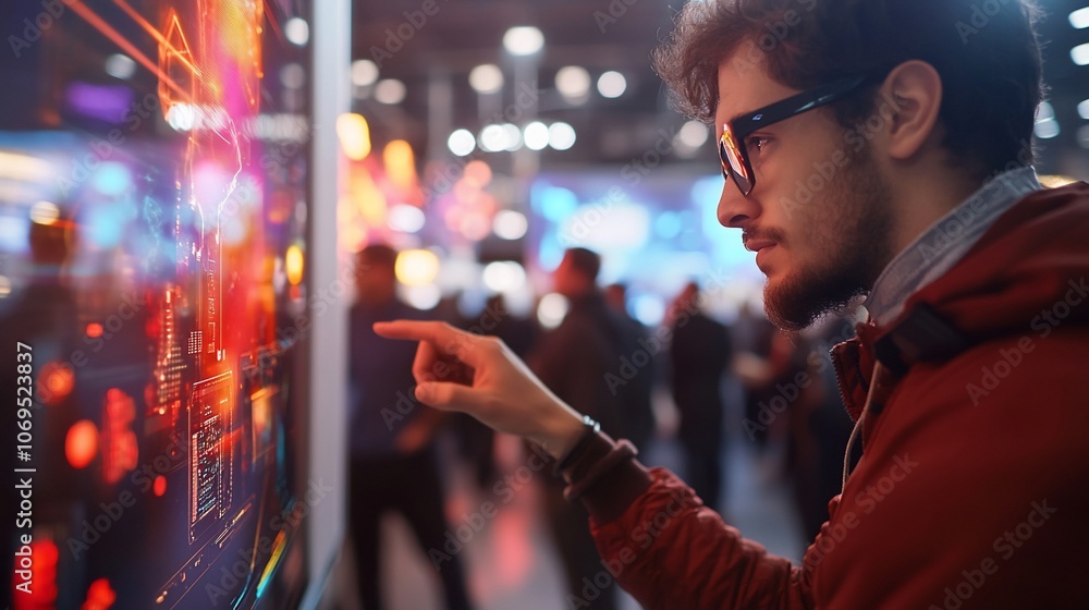 Poster man in glasses looking at interactive display at a tech expo.