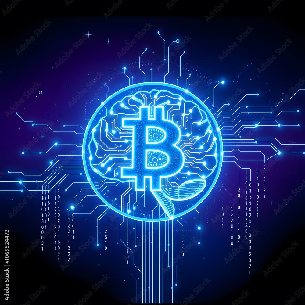 Poster Futuristic 7-Bit Coin Design Featuring a Luminous Brain - Perfect for Technology Illustrations and Digital Art Concepts