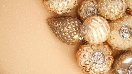 Christmas Glow Mockup. golden balls, glare and glitter.Holiday layout.Beautiful sparkling Christmas festive background in golden and beige tones 