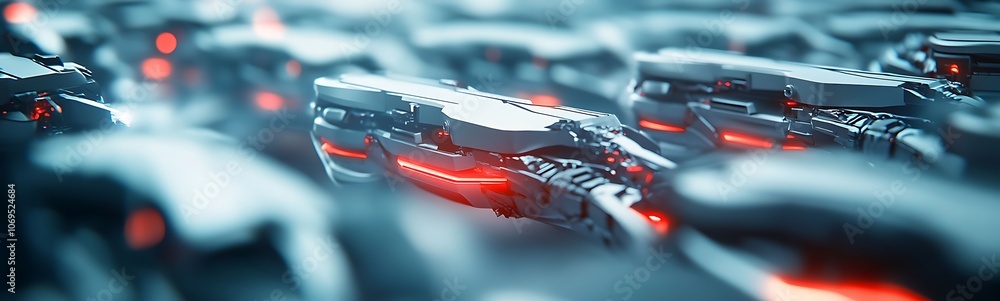 Poster a close-up of futuristic devices with glowing elements, evoking a high-tech, cybernetic atmosphere.
