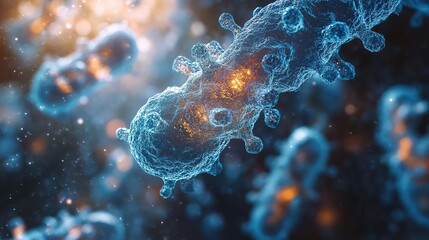 Fototapeta premium A close-up of 3D-rendered microscopic blue bacteria highlights intricate biological structures, emphasizing their complexity in medical or scientific studies.
