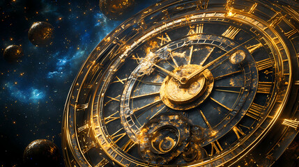 Obraz premium The cosmic clock face, adorned with celestial elements, invites contemplation of the universe's origins and the nature of reality. ideal for projects related to science,. Celestial. Illustration