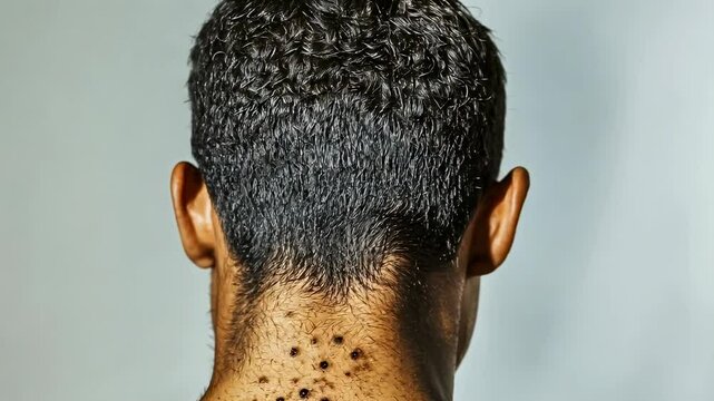 Close-up rear view of a male's neck showing distinctive skin markings and short curly hair. The image reflects individual identity and natural skin variations.