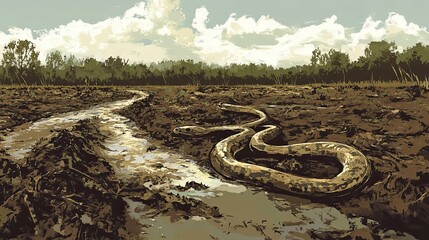 A large snake lying in a muddy creek bed under a cloudy sky