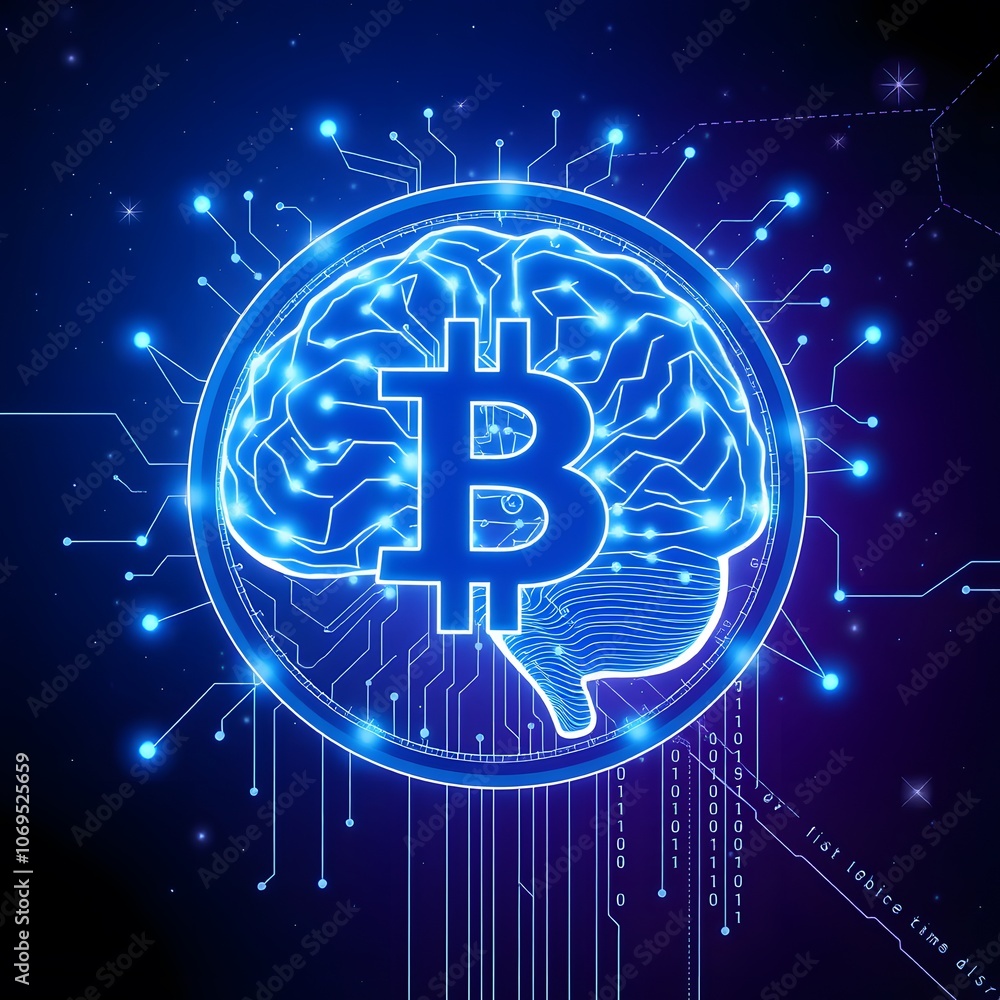 Poster futuristic 9-bit coin design featuring a luminous brain, perfect for technology and cryptocurrency r