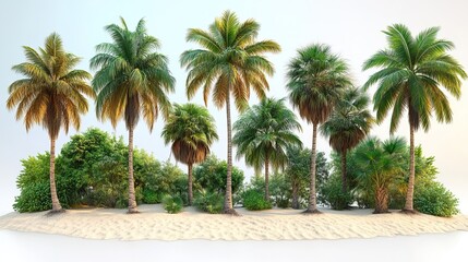 A collection of isolated coconut palm trees on a white background.