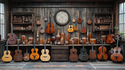 Naklejka premium A collection of musical instruments is displayed against a wooden background, highlighting the beauty and diversity of sound.