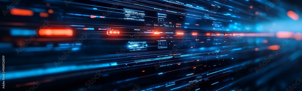 Fototapete A vibrant, dynamic representation of digital data flow with glowing blue and orange particles creating a sense of speed and technology.