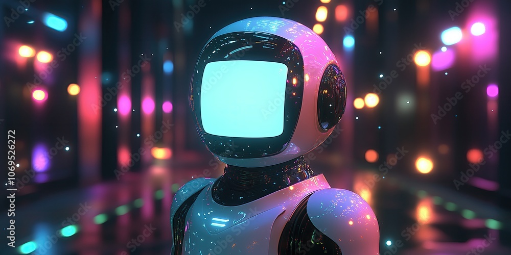 Poster futuristic robot with digital display head in neon led environment, modern atmosphere suitable for t