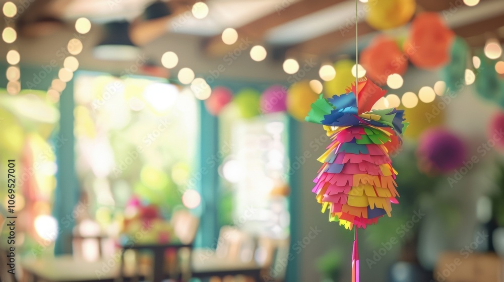 Poster soft focus on a piã±ata hanging from the ceiling ready to be broken and shower the room with candy.