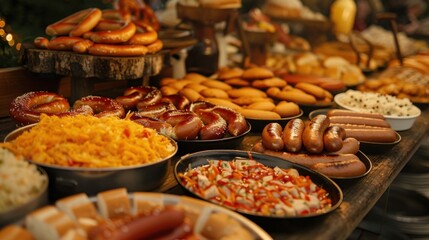 Obraz premium A long table is set up with an array of traditional German foods including bratwurst pretzels and sauerkraut all ready for hungry festivalgoers to enjoy.