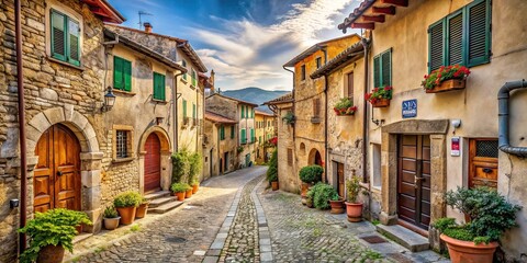 Fototapeta premium Old houses lining a charming street in Pietrabbondante, Italy , Italy, Molise, village, street, old houses