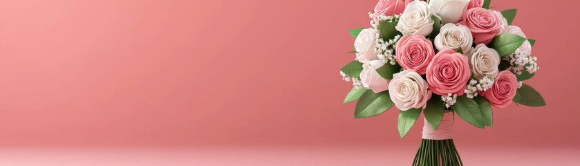 A beautiful bouquet of pink and white roses arranged with greenery against a soft pink background.