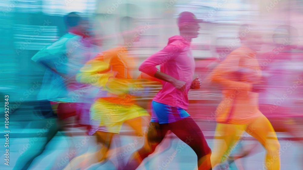 Poster defocused shapes in motion getting their bodies ready for a refreshing run.