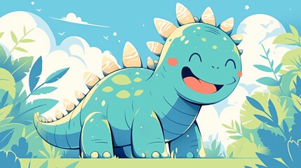 Fototapeta premium A cheerful cartoon dinosaur in a vibrant, lush landscape, radiating joy and playfulness.