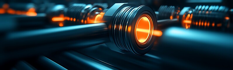A close-up view of industrial pipes illuminated by glowing orange lights, showcasing a futuristic and mechanical design.
