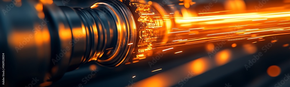 Poster A detailed view of a high-speed machine generating bright orange sparks during a metalworking process.