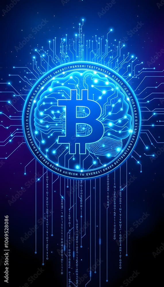 Poster futuristic 14-bit coin design centered around a luminous brain, perfect for cryptocurrency and techn