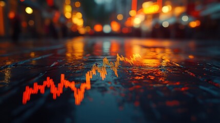 A stock market graph reflected in a wet city street at night.