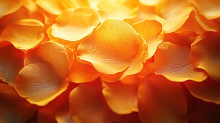 Vibrant orange rose petals scattered on a surface in soft sunlight