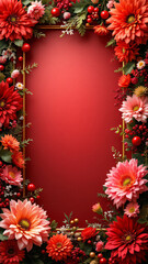 wooden frame with flower and rose ornament, empty background, space for text