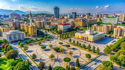 Aerial view of Skanderbeg Square in Tirana, Albania with surrounding buildings and street traffic, Tirana