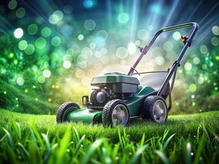 Fototapeta premium Low-light shot of a mower cutting vibrant green grass.