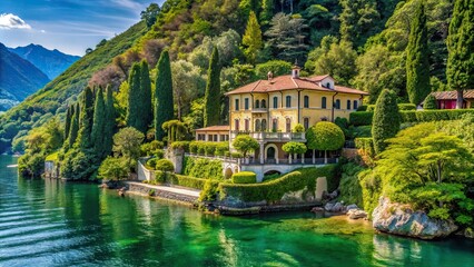 Obraz premium Luxury villa overlooking Lake Como, surrounded by lush greenery and pristine waters, Lake Como