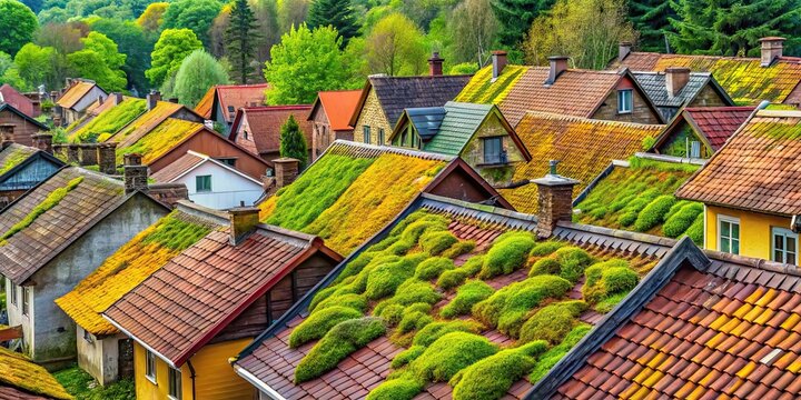 Colorful moss-covered roofs on Megalith Avenue in Kamenny Gorod tract, moss, colorful, roofs, Megalith Avenue