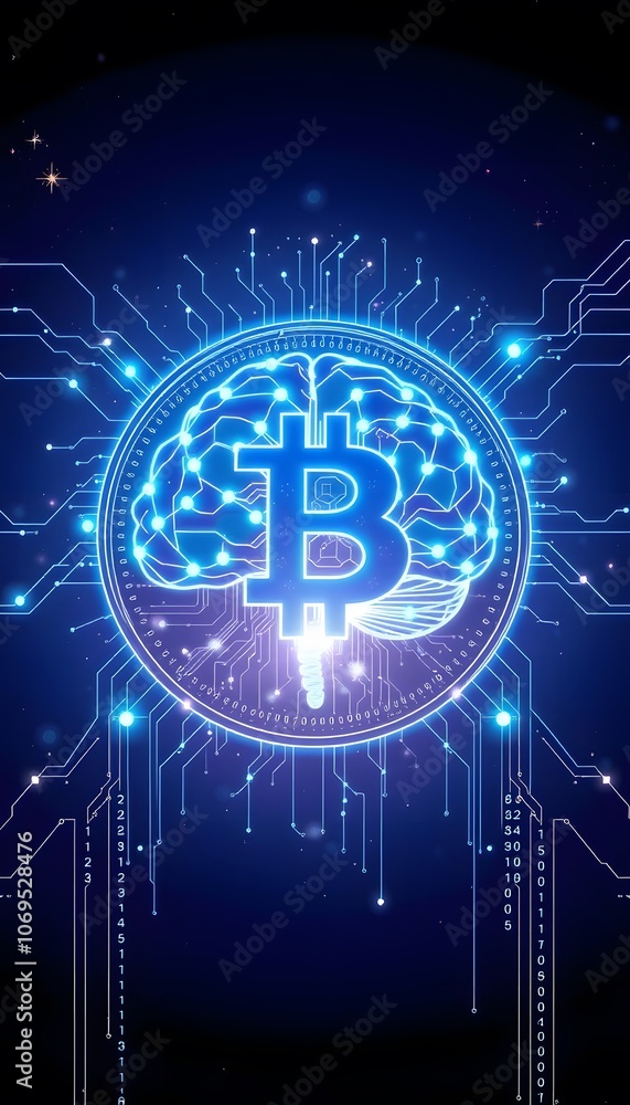 Poster Futuristic 15-Bit Coin Featuring a Luminous Brain Design Ideal for Showcasing Technology and Innovation in Digital Currency