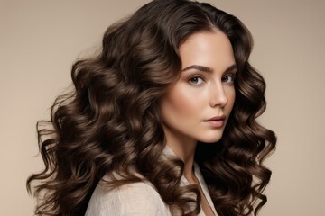 Naklejka premium Beautiful brunette model with long, curly hair poses in a studio, showcasing flawless makeup and radiant skin