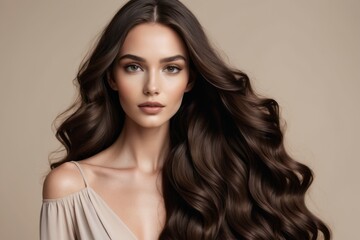 Naklejka premium Beautiful brunette model with long, curly hair poses in a studio, showcasing flawless makeup and radiant skin