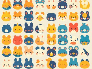 A colorful grid of cute animal faces, ideal for children's illustrations or playful designs.