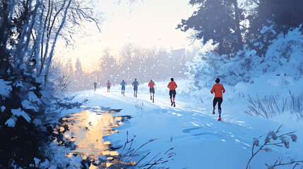 Athletes training for a Christmas marathon in snowy conditions.