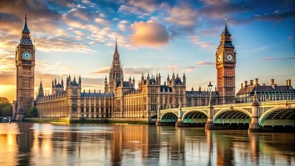 Iconic clock tower Big Ben and historic Westminster Bridge in London , London, UK, landmarks, architecture, clock tower