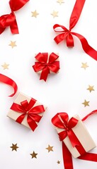 Elegant Flat Lay of Gifts with Red Ribbons and Golden Stars on a White Background Ideal for Holiday or Celebration Themes