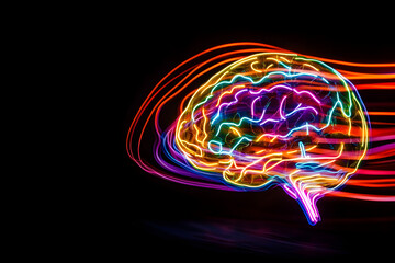 Neon outline of human brain with light trails representing customer journey isolated on black background.