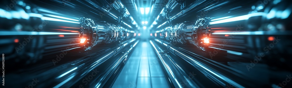 Poster a futuristic corridor illuminated by glowing blue lights, flanked by metallic structures, conveying 