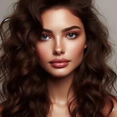 Fototapeta premium Beautiful brunette woman with long, curly hair poses in a studio, on natural background