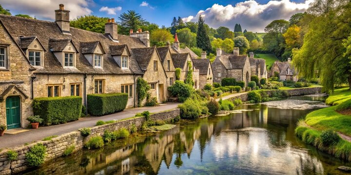 Picturesque view of Bibury village in England with traditional stone cottages lining a serene river, Bibury