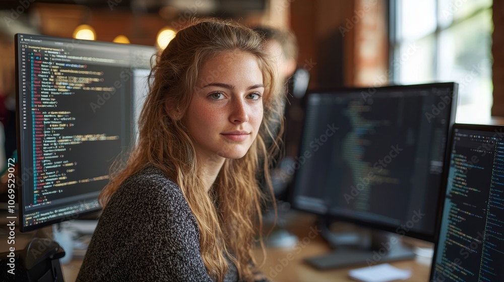 Poster woman collaborating with developers in tech environment